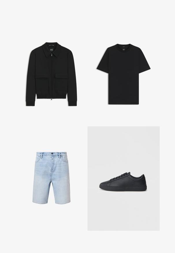 Svart bomberjacka med krage, dragkedja framtill och två stora klafffickor. Har ribbade mudd och nederkant, tillverkad av strukturerad tyg.; Svart kortärmad T-shirt i en mjuk bomullsblandning, med rundad halsringning och en minimalistisk design utan mönster eller detaljer.; Ljusblå denimshorts med regular fit, femfickorsdesign och knäppning med knapp. Har subtila blekningar och sydd fåll.; Svarta sneakers i slätt läder med låg design, rund tå och platt gummisula. Har snörning och subtil branding.