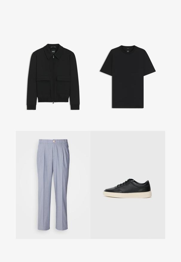 Schwarze Bikerjacke mit Kragen, Reißverschluss vorne und zwei großen Taschen mit Klappen. Mit Rippstrickbündchen und Saum, aus strukturiertem Stoff gefertigt.; Schwarz T-Shirt mit kurzen Ärmeln aus einem glatten Baumwollmix, mit Rundhalsausschnitt und einem minimalistischen Design ohne Muster oder Akzente.; Gestreifte Hose in Hellblau und Weiß, mit Knopfverschluss, plissierter Vorderseite und geradem Bein-Design. Glatte Stofftextur.; Schwarzer niedriger Ledersneaker mit schwarzen Schnürsenkeln und cremefarbenem Sohlenrand, seitlich auf weißem Hintergrund dargestellt.