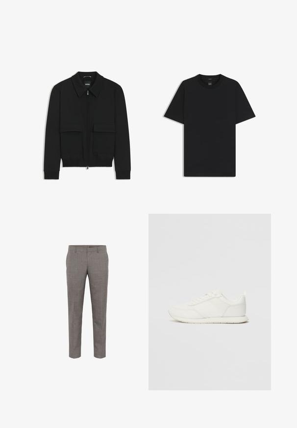Svart bomberjacka med krage, dragkedja framtill och två stora klafffickor. Har ribbade mudd och nederkant, tillverkad av strukturerad tyg.; Svart kortärmad T-shirt i en mjuk bomullsblandning, med rundad halsringning och en minimalistisk design utan mönster eller detaljer.; Grå, skräddarsydda byxor i texturerad tyg, med slim fit, sidfickor och platt framdesign.; Vita sneakers med ett överdel i mesh och syntetmaterial, rund tå, platta snörning, och ett texturerat sidostreck. Gummisula med en dragflik bak.