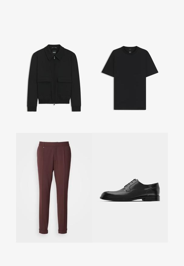 Black bomber jacket with a collared neck, zip front, and two large flap pockets. Features ribbed cuffs and hem, made of textured fabric.; Black short-sleeve T-shirt made from a smooth cotton blend, featuring a crew neckline and a minimalistic design with no patterns or accents.; Burgundy tailored trousers with a smooth texture, featuring belt loops, front pleats, and rolled hems for a fitted look.; Black leather dress shoe featuring a rounded toe, smooth texture, minimal seams, and a flat sole with subtle branding on the heel.