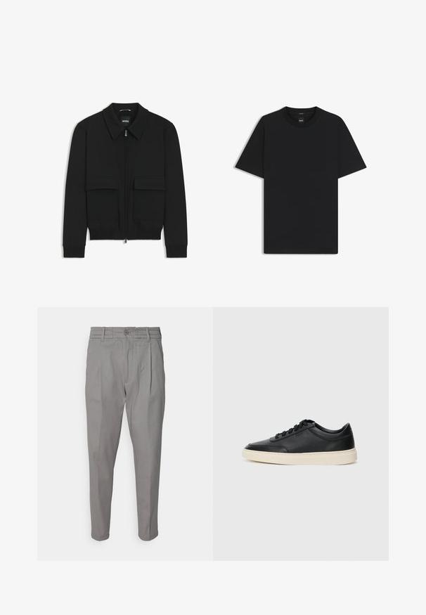 Sort bomberjakke med krave, lynlås foran og to store klaplommer. Har ribbede manchetter og bund, lavet af struktureret stof.; Sort kortærmet T-shirt lavet af en glat bomuldsblanding, med en rund halsudskæring og et minimalistisk design uden mønstre eller accenter.; DRYKORN CHASY - Chino - grey; Sort lavt top lædersneaker med sorte snørebånd og off-white sål vist i sideprofil på hvid baggrund.