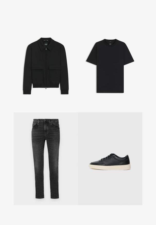Musta pommikohva takki, jossa on kauluskulli, vetoketju etupuolella ja kaksi suurta läpällistä taskua. Varustettu ribbireunuksilla hihoissa ja helmassa, valmistettu teksturoituneesta kankaasta.; Musta lyhythiha T-paita, joka on valmistettu sileästä puuvillasekoitteesta. Paita on varustettu pyöreällä pääntiehen ja siinä on minimaalinen muotoilu ilman kuvioita tai yksityiskohtia.; BOSS ONYX - Tapered-Farkut - charcoal; Musta matalavartinen nahkastretchu, jossa on mustat nauhat ja vaaleanharmaa pohja, esitetty sivuprofiilissa valkoista taustaa vasten.
