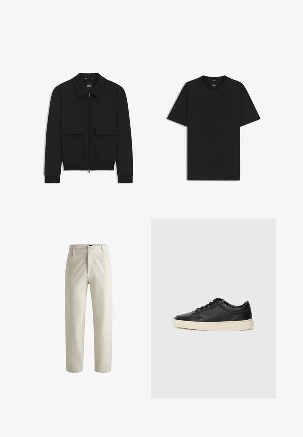 Schwarze Bikerjacke mit Kragen, Reißverschluss vorne und zwei großen Taschen mit Klappen. Mit Rippstrickbündchen und Saum, aus strukturiertem Stoff gefertigt.; Schwarz T-Shirt mit kurzen Ärmeln aus einem glatten Baumwollmix, mit Rundhalsausschnitt und einem minimalistischen Design ohne Muster oder Akzente.; Cremefarbene Hose aus Baumwolle mit geradem Bein, Frontreißverschluss und zwei Seitentaschen. Glatte Textur mit minimaler Ausstattung.; Schwarzer niedriger Ledersneaker mit schwarzen Schnürsenkeln und cremefarbenem Sohlenrand, seitlich auf weißem Hintergrund dargestellt.