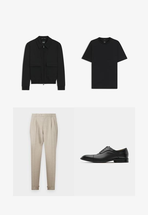 Black bomber jacket with a collared neck, zip front, and two large flap pockets. Features ribbed cuffs and hem, made of textured fabric.; Black short-sleeve T-shirt made from a smooth cotton blend, featuring a crew neckline and a minimalistic design with no patterns or accents.; Beige pleated trousers with a smooth texture, featuring a front button closure and rolled hems. Tailored fit and straight leg design.; Black leather dress shoe with smooth texture, rounded toe, and five eyelets. Features a low stacked heel and subtle seam detailing.