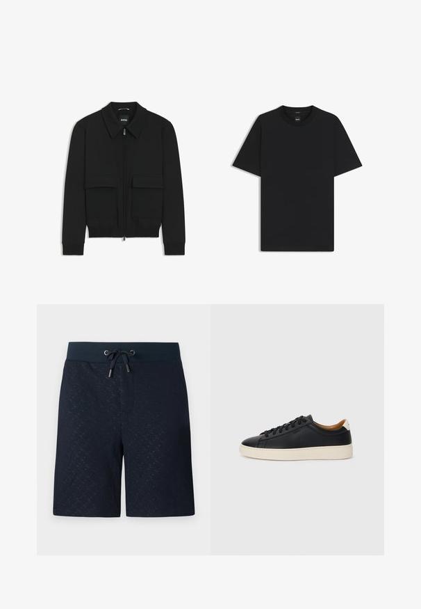 Czarna kurtka bomberka z kołnierzykiem, zapinana na zamek, z dwiema dużymi kieszeniami z klapami. Posiada ściągacze na mankietach i dole, wykonana z teksturowanej tkaniny.; Czarny t-shirt krótki rękaw wykonany z gładkiej mieszanki bawełny, z okrągłym dekoltem i minimalistycznym designem bez wzorów czy akcentów.; Granatowe szorty z teksturowanym wzorem, elastycznym paskiem w talii i sznurkiem do regulacji. Posiadają boczne kieszenie i luźny krój dla większego komfortu.; Czarne skórzane trampki o gładkiej fakturze, jasnobrązowa gumowa podeszwa, sznurowana konstrukcja i kontrastujący akcent na pięcie.