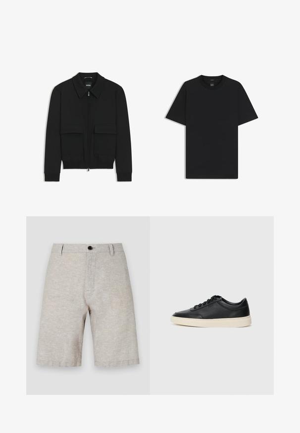 Czarna kurtka bomberka z kołnierzykiem, zapinana na zamek, z dwiema dużymi kieszeniami z klapami. Posiada ściągacze na mankietach i dole, wykonana z teksturowanej tkaniny.; Czarny t-shirt krótki rękaw wykonany z gładkiej mieszanki bawełny, z okrągłym dekoltem i minimalistycznym designem bez wzorów czy akcentów.; Beżowe lniane szorty o gładkiej fakturze, z pojedynczym zapięciem na guzik, szlufkami na pasek i prostym krojem, sięgającym do połowy uda.; Czarne niskie skórzane sneakersy z czarnymi sznurówkami i off-white podeszwą, prezentowane w profilu bocznym na białym tle.