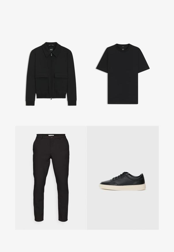 Musta pommikohva takki, jossa on kauluskulli, vetoketju etupuolella ja kaksi suurta läpällistä taskua. Varustettu ribbireunuksilla hihoissa ja helmassa, valmistettu teksturoituneesta kankaasta.; Musta lyhythiha T-paita, joka on valmistettu sileästä puuvillasekoitteesta. Paita on varustettu pyöreällä pääntiehen ja siinä on minimaalinen muotoilu ilman kuvioita tai yksityiskohtia.; Musta räätälöity housut slim-fit -tyylillä. Ominaisuuksiin kuuluvat vetoketjukiinnitys, napin sulku, sivutaskut ja sileä, kevyt kangas.; Musta matalavartinen nahkastretchu, jossa on mustat nauhat ja vaaleanharmaa pohja, esitetty sivuprofiilissa valkoista taustaa vasten.