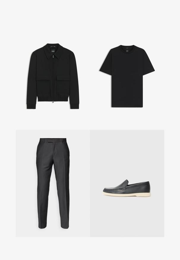 Musta pommikohva takki, jossa on kauluskulli, vetoketju etupuolella ja kaksi suurta läpällistä taskua. Varustettu ribbireunuksilla hihoissa ja helmassa, valmistettu teksturoituneesta kankaasta.; Musta lyhythiha T-paita, joka on valmistettu sileästä puuvillasekoitteesta. Paita on varustettu pyöreällä pääntiehen ja siinä on minimaalinen muotoilu ilman kuvioita tai yksityiskohtia.; Sovitetut housut tummanharmaasta kankaasta. Ominaisuuksiin kuuluu slim fit, tasainen etuosa ja vyölenkit. Sileä rakenne, jossa on hienovarainen kiilto.; Mustat nahkakengät ilman nauhoja, joissa on teksturoitu pinta ja kontrastoiva beige kumipohja. Kengissä on hillitty yksityiskohta etuosassa.
