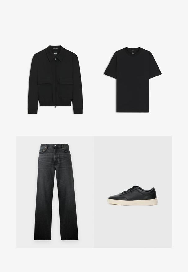 Zwarte bomberjack met een kraag, rits aan de voorkant en twee grote klepzakken. Heeft geribde manchetten en onderrand, gemaakt van textuurstof.; Zwarte korte mouwen T-shirt van een gladde katoenmix, met een ronde halslijn en een minimalistisch ontwerp zonder patronen of accenten.; Zwarte spijkerbroek met een recht model, voorzien van vijf zakken en een knoopsluiting. De stof heeft een lichte glans en een zichtbare textuur.; Zwarte leren sneaker met lage schacht, zwarte veters en off-white zool, weergegeven in zijprofiel op een witte achtergrond.