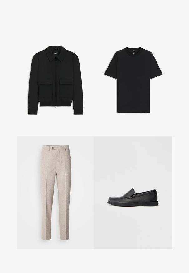 Czarna kurtka bomberka z kołnierzykiem, zapinana na zamek, z dwiema dużymi kieszeniami z klapami. Posiada ściągacze na mankietach i dole, wykonana z teksturowanej tkaniny.; Czarny t-shirt krótki rękaw wykonany z gładkiej mieszanki bawełny, z okrągłym dekoltem i minimalistycznym designem bez wzorów czy akcentów.; Jasnobeżowe wełniane spodnie o gładkiej fakturze, prostym kroju, z plisami z przodu i pojedynczym zapięciem na guzik w talii.; Czarne skórzane mokasyny wsuwane z teksturowaną cholewką, okrągłym noskiem, niskim obcasem i gumową podeszwą, przedstawione w profilu bocznym na białym tle.