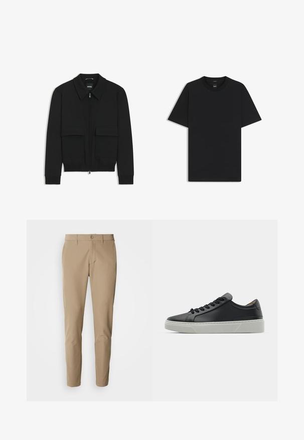 Musta pommikohva takki, jossa on kauluskulli, vetoketju etupuolella ja kaksi suurta läpällistä taskua. Varustettu ribbireunuksilla hihoissa ja helmassa, valmistettu teksturoituneesta kankaasta.; Musta lyhythiha T-paita, joka on valmistettu sileästä puuvillasekoitteesta. Paita on varustettu pyöreällä pääntiehen ja siinä on minimaalinen muotoilu ilman kuvioita tai yksityiskohtia.; Beige housut, jotka on valmistettu sileästä kankaasta suoralla leikkauksella, napilla suljettuna ja etutaskuilla, varustettu vyölenkeillä.; Mustat nahkakengät, joissa on sileä pinta, pyöreä kärki ja mustat nauhat. Varustettu paksulla, valkoisella kumipohjalla, jossa on hienovaraisia geometrisia yksityiskohtia.