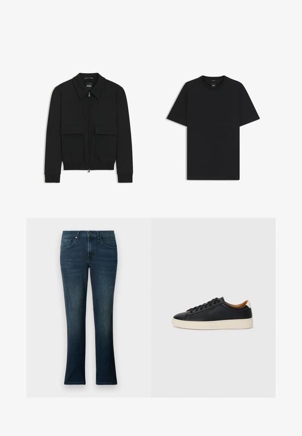 Black bomber jacket with a collared neck, zip front, and two large flap pockets. Features ribbed cuffs and hem, made of textured fabric.; Black short-sleeve T-shirt made from a smooth cotton blend, featuring a crew neckline and a minimalistic design with no patterns or accents.; Dark blue jeans with a straight leg design, made of denim fabric, featuring a front button closure and five pockets.; Black leather sneakers with a smooth texture, beige rubber sole, lace-up design, and a contrasting heel accent.