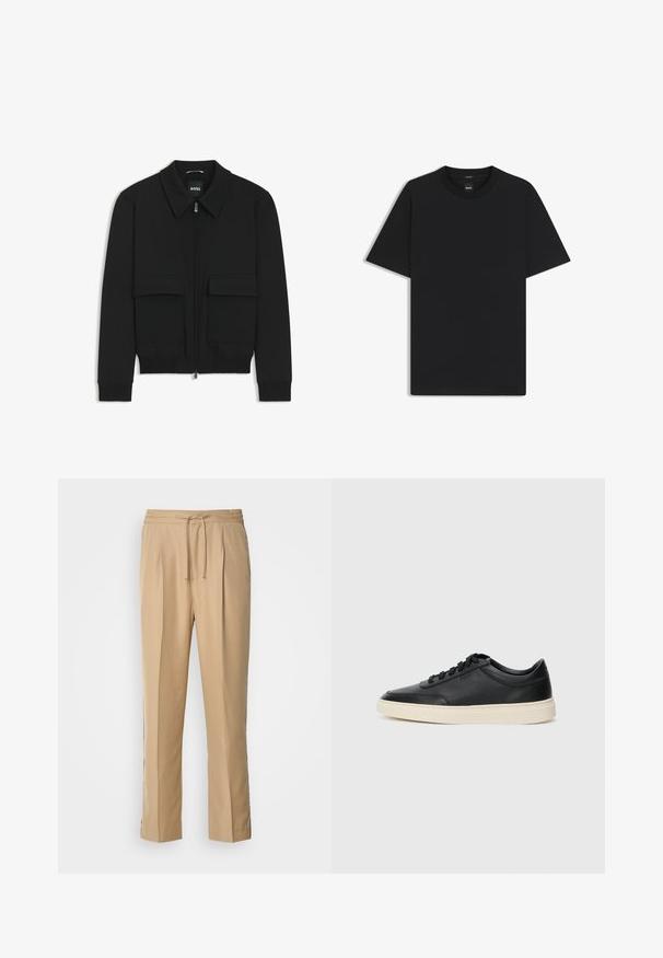 Sort bomberjakke med krave, lynlås foran og to store klaplommer. Har ribbede manchetter og bund, lavet af struktureret stof.; Sort kortærmet T-shirt lavet af en glat bomuldsblanding, med en rund halsudskæring og et minimalistisk design uden mønstre eller accenter.; Lys beige bukser lavet af glat stof, med en snoretræk i taljen, to folder foran og lige, løstsiddende ben for komfort.; Sort lavt top lædersneaker med sorte snørebånd og off-white sål vist i sideprofil på hvid baggrund.