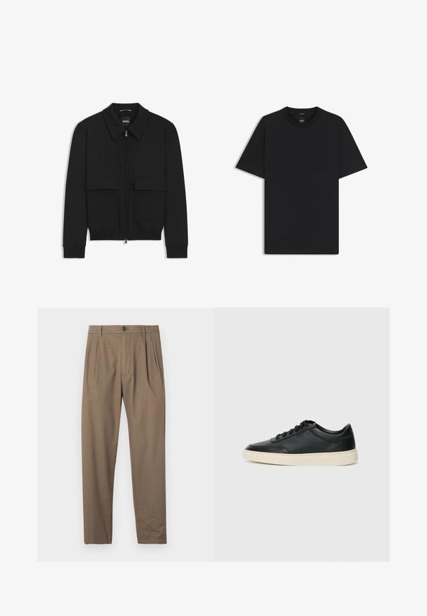 Black bomber jacket with a collared neck, zip front, and two large flap pockets. Features ribbed cuffs and hem, made of textured fabric.; Black short-sleeve T-shirt made from a smooth cotton blend, featuring a crew neckline and a minimalistic design with no patterns or accents.; Brown pleated trousers made of soft fabric, featuring a front zipper and button closure, with a straight leg design and smooth texture.; Black low-top leather sneaker with black laces and off-white sole shown in side profile on white background.