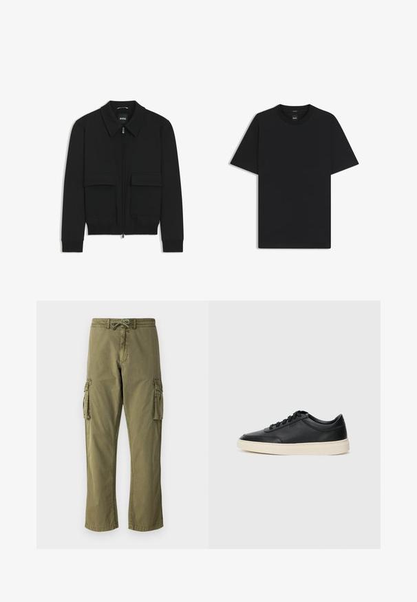 Black bomber jacket with a collared neck, zip front, and two large flap pockets. Features ribbed cuffs and hem, made of textured fabric.; Black short-sleeve T-shirt made from a smooth cotton blend, featuring a crew neckline and a minimalistic design with no patterns or accents.; Cargo pants in olive green cotton blend, featuring an elastic waistband with a drawstring, side cargo pockets, and straight leg design.; Black low-top leather sneaker with black laces and off-white sole shown in side profile on white background.