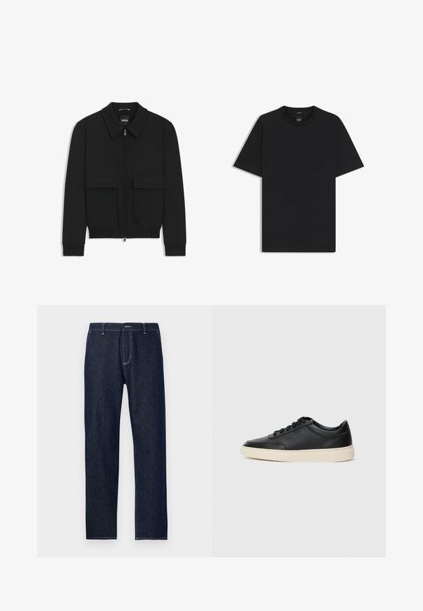 Czarna kurtka bomberka z kołnierzykiem, zapinana na zamek, z dwiema dużymi kieszeniami z klapami. Posiada ściągacze na mankietach i dole, wykonana z teksturowanej tkaniny.; Czarny t-shirt krótki rękaw wykonany z gładkiej mieszanki bawełny, z okrągłym dekoltem i minimalistycznym designem bez wzorów czy akcentów.; Ciemnoniebieskie dżinsy z prostymi nogawkami, z kontrastowym żółtym przeszyciem i klasycznym pięciopocketowym układem.; Czarne niskie skórzane sneakersy z czarnymi sznurówkami i off-white podeszwą, prezentowane w profilu bocznym na białym tle.
