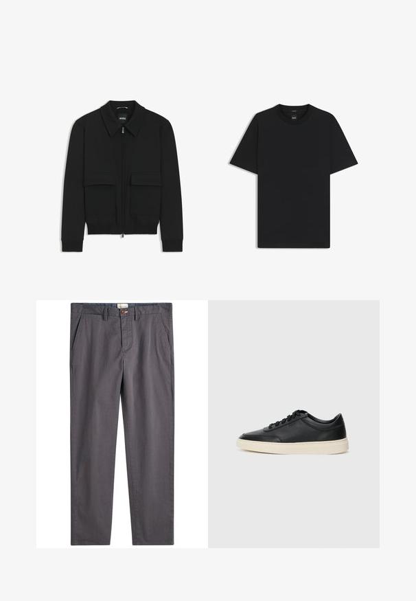 Black bomber jacket with a collared neck, zip front, and two large flap pockets. Features ribbed cuffs and hem, made of textured fabric.; Black short-sleeve T-shirt made from a smooth cotton blend, featuring a crew neckline and a minimalistic design with no patterns or accents.; Gray cotton trousers featuring a straight-leg cut, button closure, and side pockets. Smooth texture with subtle stitching details.; Black low-top leather sneaker with black laces and off-white sole shown in side profile on white background.