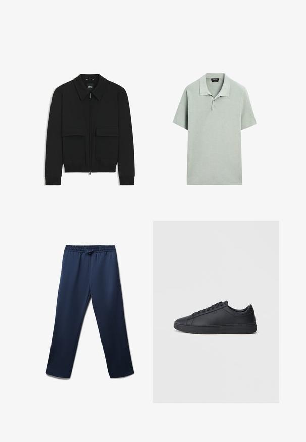 Schwarze Bikerjacke mit Kragen, Reißverschluss vorne und zwei großen Taschen mit Klappen. Mit Rippstrickbündchen und Saum, aus strukturiertem Stoff gefertigt.; Poloshirt in hellgrün, kurzärmlig, aus weich texturiertem Stoff, Kragen mit drei Knöpfen, minimalistisches Design, keine sichtbaren Muster.; Marineblaue, gerade geschnittene Hose mit elastischem Bund und Kordelzug, ohne sichtbare Taschen, glatte Stoffoberfläche.; Schwarze Sneaker aus glattem Leder mit einem tiefen Design, runder Zehenform und flacher Gummi-Sohle. Mit Schnürsenkeln und dezentem Branding.