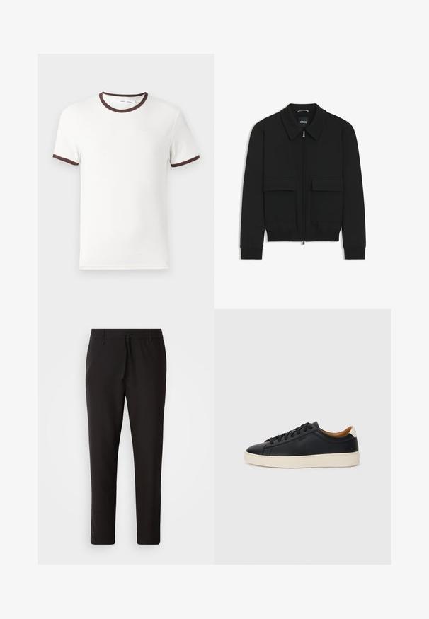 Black bomber jacket with a collared neck, zip front, and two large flap pockets. Features ribbed cuffs and hem, made of textured fabric.; White short-sleeve T-shirt with brown ribbed neckline and sleeve hems, made from soft cotton material. Simple and classic design.; Black jogger pants made of smooth fabric. Feature an elastic waistband with a drawstring, tapered legs, and no visible pockets. Simple design.; Black leather sneakers with a smooth texture, beige rubber sole, lace-up design, and a contrasting heel accent.