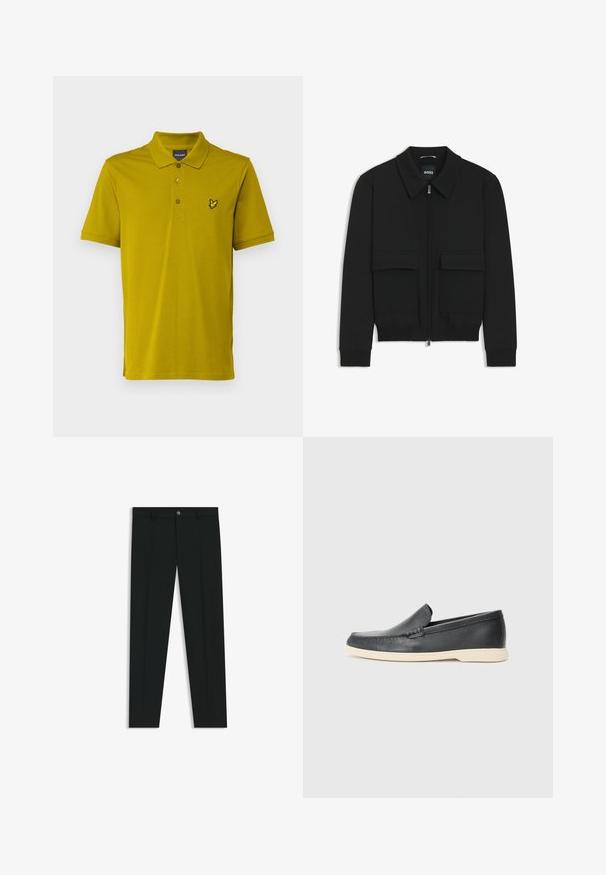 Zwarte bomberjack met een kraag, rits aan de voorkant en twee grote klepzakken. Heeft geribde manchetten en onderrand, gemaakt van textuurstof.; Lyle & Scott Poloshirt - gold coloured; Zwarte dresspants met een recht pasvorm, gemaakt van een gladde stof. Heeft een sluiting met een knoop aan de voorkant en ceintuurlussen. Effen zonder patronen.; Zwarte leren instappers met een gestructureerde afwerking en een contrasterende beige rubberen zool. Beschikt over een subtiele accent langs de voorkant.