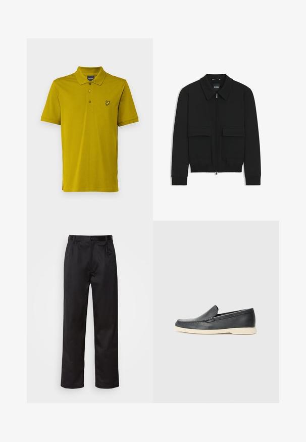 Zwarte bomberjack met een kraag, rits aan de voorkant en twee grote klepzakken. Heeft geribde manchetten en onderrand, gemaakt van textuurstof.; Lyle & Scott Poloshirt - gold coloured; Zwarte broek van een gladde stof, met een sluiting met een knoop aan de voorkant, plooien en rechte pijpen. Geen zichtbare patronen of accenten.; Zwarte leren instappers met een gestructureerde afwerking en een contrasterende beige rubberen zool. Beschikt over een subtiele accent langs de voorkant.