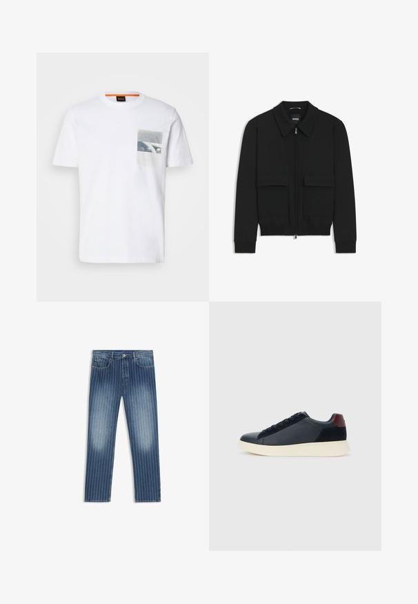 Black bomber jacket with a collared neck, zip front, and two large flap pockets. Features ribbed cuffs and hem, made of textured fabric.; White cotton t-shirt featuring a square graphic pocket print with a black and white design. Crew neck and short sleeves.; Denim jeans with a pinstripe pattern, medium blue color, faded sections, straight leg cut, five pockets, and a metal button closure.; Low-top men's sneaker in black leather and suede with maroon heel tab and white rubber sole, viewed from the outer side.