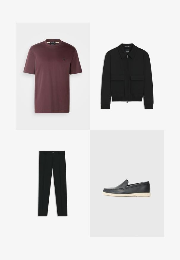 Musta pommikohva takki, jossa on kauluskulli, vetoketju etupuolella ja kaksi suurta läpällistä taskua. Varustettu ribbireunuksilla hihoissa ja helmassa, valmistettu teksturoituneesta kankaasta.; BOSS TAUT - T-paita - open red; Musta housut, joissa on suora lahje, valmistettu sileästä kankaasta. Edessä nappisulku ja vyölenkit. Yksinkertainen ilman kuvioita.; Mustat nahkakengät ilman nauhoja, joissa on teksturoitu pinta ja kontrastoiva beige kumipohja. Kengissä on hillitty yksityiskohta etuosassa.