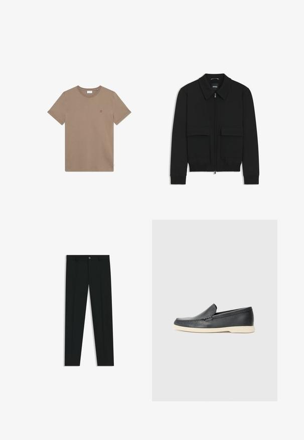 Black bomber jacket with a collared neck, zip front, and two large flap pockets. Features ribbed cuffs and hem, made of textured fabric.; Brown cotton t-shirt with a crew neck, short sleeves, and a small red "II" logo on the chest. Simple design and smooth texture.; Black dress pants with a straight-leg design, made of smooth fabric. Features a front button closure and belt loops. Plain without patterns.; Black leather slip-on loafers with a textured finish and a contrasting beige rubber sole. Features a subtle accent along the front.