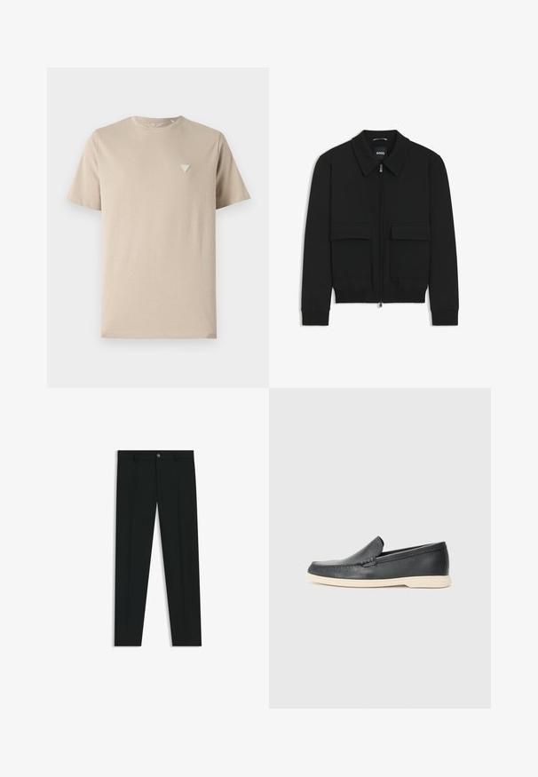 Schwarze Bikerjacke mit Kragen, Reißverschluss vorne und zwei großen Taschen mit Klappen. Mit Rippstrickbündchen und Saum, aus strukturiertem Stoff gefertigt.; Beige Baumwoll-T-Shirt mit kurzen Ärmeln, rundem Ausschnitt und einem kleinen, dreieckigen Logo, das auf der linken Brust gestickt ist. Sanfte Textur.; Schwarze Anzughosen mit geradem Bein, aus glattem Stoff. Mit Knopfverschluss vorne und Gürtelschlaufen. Schlicht ohne Muster.; Schwarze Leder-Slipper mit strukturiertem Finish und einer kontrastierenden beige Gummisohle. Mit einem dezenten Akzent an der Vorderseite.