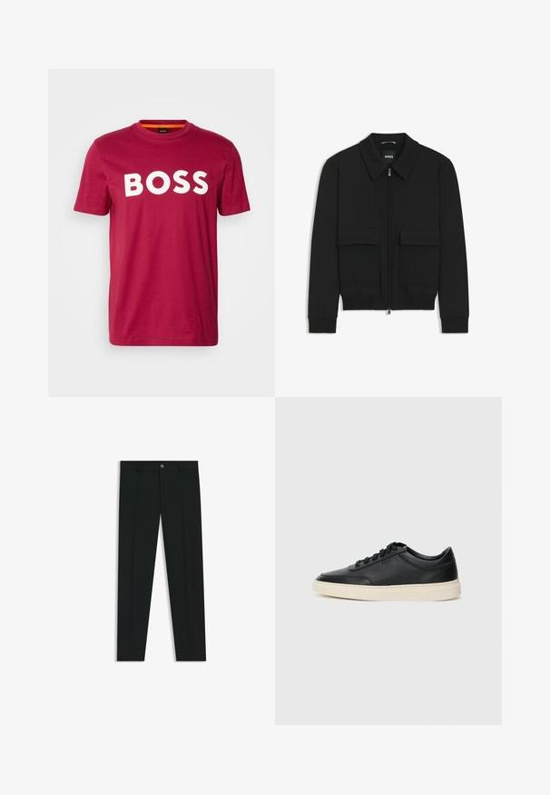 Sort bomberjakke med krave, lynlås foran og to store klaplommer. Har ribbede manchetter og bund, lavet af struktureret stof.; BOSS THINKING - T-shirts print - open red; Sorte dressbukser med lige ben-design, lavet af glat stof. Har en frontlukning med knap og bæltestropper. Enkle uden mønstre.; Sort lavt top lædersneaker med sorte snørebånd og off-white sål vist i sideprofil på hvid baggrund.