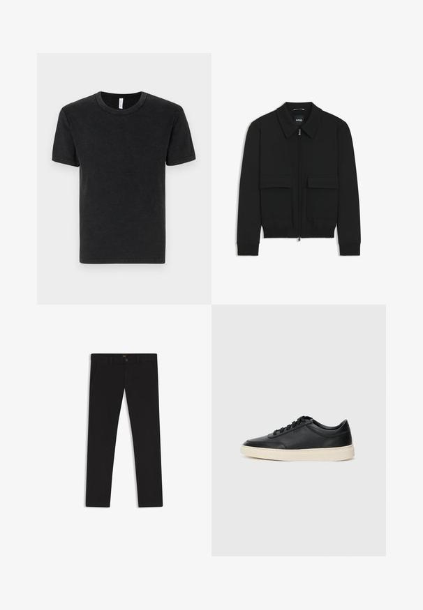 Schwarze Bikerjacke mit Kragen, Reißverschluss vorne und zwei großen Taschen mit Klappen. Mit Rippstrickbündchen und Saum, aus strukturiertem Stoff gefertigt.; Schwarzes Baumwoll-T-Shirt mit kurzen Ärmeln, rundem Halsausschnitt und glatter Textur. Minimalistisches Design, keine sichtbaren Muster oder Akzente.; Schwarze Hosen aus einem Stoff mit glatter текстуре. Verfügt über einen Knopfverschluss, Gürtelschlaufen und Seitentaschen. Klassisches Design mit geradem Bein.; Schwarzer niedriger Ledersneaker mit schwarzen Schnürsenkeln und cremefarbenem Sohlenrand, seitlich auf weißem Hintergrund dargestellt.