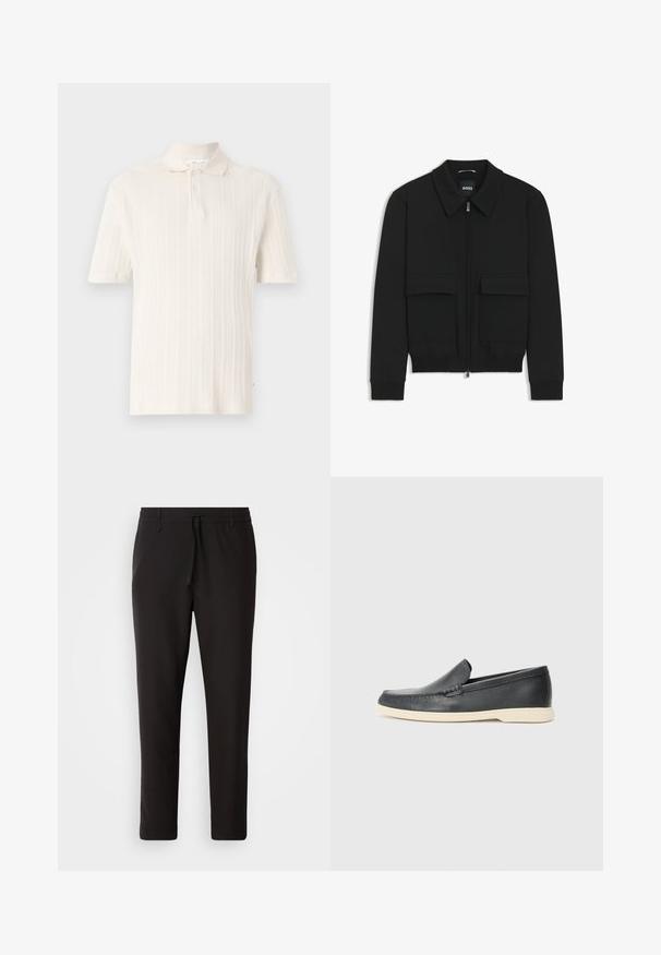 Schwarze Bikerjacke mit Kragen, Reißverschluss vorne und zwei großen Taschen mit Klappen. Mit Rippstrickbündchen und Saum, aus strukturiertem Stoff gefertigt.; Poloshirt mit kurzen Ärmeln aus weichem cremefarbenen Stoff mit vertikaler Rippenstruktur, ausgestattet mit einem klassischen Kragen und einer Zwei-Knopf-Leiste.; Schwarze Jogginghose aus glattem Stoff. Mit einem elastischen Bund und Kordelzug, schmal zulaufenden Beinen und ohne sichtbare Taschen. Einfaches Design.; Schwarze Leder-Slipper mit strukturiertem Finish und einer kontrastierenden beige Gummisohle. Mit einem dezenten Akzent an der Vorderseite.