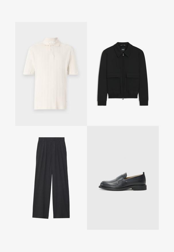 Musta pommikohva takki, jossa on kauluskulli, vetoketju etupuolella ja kaksi suurta läpällistä taskua. Varustettu ribbireunuksilla hihoissa ja helmassa, valmistettu teksturoituneesta kankaasta.; Lyhythihainen polo-paita pehmeästä kermanvärisestä kankaasta, jossa on pystysuora raidoitus. Paidassa on klassinen kaulus ja kaksinappinen avaus.; Suorat lahkeet valmistettu tummanharmaasta kankaasta. Ominaisuuksiin kuuluu laskokset vyötäröllä, muotoilu on siisti ja siluetti suora.; Musta nahkakengät, joissa on sileä pinta, litteä pohja ja pyöristetty varvas, sekä koristeellinen nauha päälliosassa.