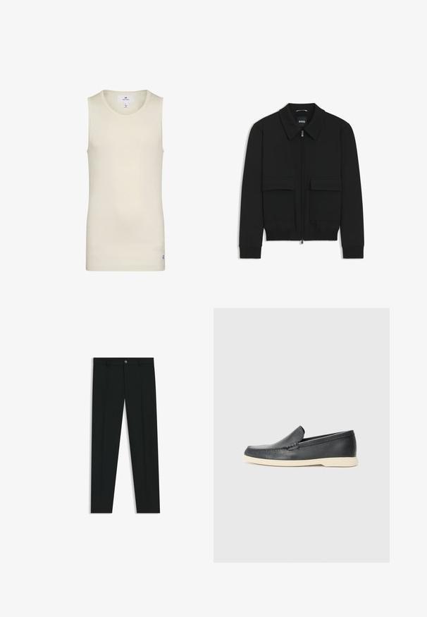 Czarna kurtka bomberka z kołnierzykiem, zapinana na zamek, z dwiema dużymi kieszeniami z klapami. Posiada ściągacze na mankietach i dole, wykonana z teksturowanej tkaniny.; Jasno beżowy top bez rękawów wykonany z prążkowanej tkaniny z okrągłym dekoltem i małą metką u dołu. Prosty i dopasowany fason.; Czarne spodnie materiałowe z prostymi nogawkami, wykonane z gładkiego materiału. Posiadają zamek na guzik z przodu oraz szlufki na pasek. Gładkie, bez wzorów.; Czarne skórzane slip-ony w stylu loafers z teksturowanym wykończeniem i kontrastującą beżową gumową podeszwą. Posiadają delikatny akcent wzdłuż przodu.