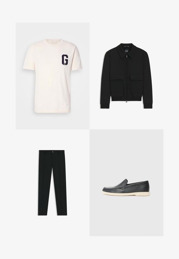 Zwarte bomberjack met een kraag, rits aan de voorkant en twee grote klepzakken. Heeft geribde manchetten en onderrand, gemaakt van textuurstof.; Witte korte mouw T-shirt met ronde hals en een marineblauwe letter "G" patch op de linkerkant van de borst.; Zwarte dresspants met een recht pasvorm, gemaakt van een gladde stof. Heeft een sluiting met een knoop aan de voorkant en ceintuurlussen. Effen zonder patronen.; Zwarte leren instappers met een gestructureerde afwerking en een contrasterende beige rubberen zool. Beschikt over een subtiele accent langs de voorkant.
