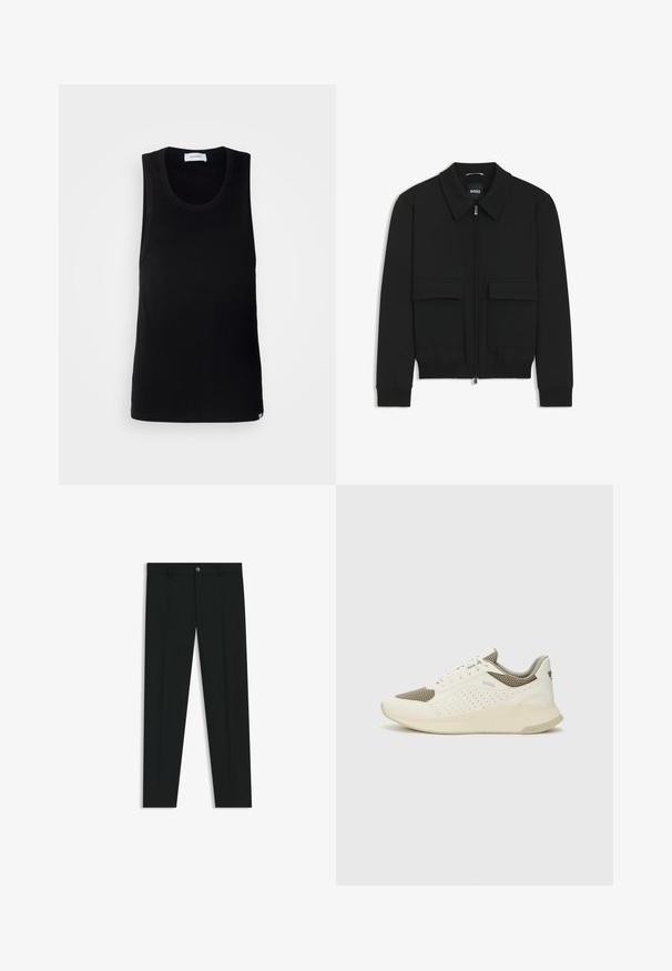 Musta pommikohva takki, jossa on kauluskulli, vetoketju etupuolella ja kaksi suurta läpällistä taskua. Varustettu ribbireunuksilla hihoissa ja helmassa, valmistettu teksturoituneesta kankaasta.; Mustat hihattomat topit, joka on valmistettu puuvillasta, jossa on pyöreä kaula-aukko ja yksinkertainen suunnittelu, jossa on hienovarainen brändilogo helmassa.; Musta housut, joissa on suora lahje, valmistettu sileästä kankaasta. Edessä nappisulku ja vyölenkit. Yksinkertainen ilman kuvioita.; Valkoinen ja vaaleanbeige urheilukengät, joissa on verkkomateriaali yläosa, rei'itettyjä yksityiskohtia ja teksturoitu välipohja, jossa on brändäys kantapäässä.