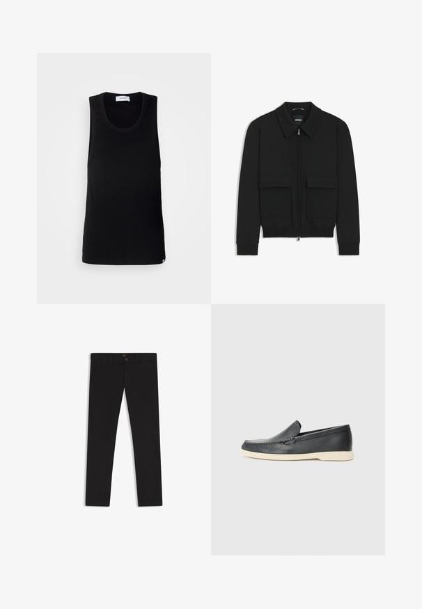 Svart bomberjacka med krage, dragkedja framtill och två stora klafffickor. Har ribbade mudd och nederkant, tillverkad av strukturerad tyg.; Svart ärmlös linne i bomull, med rund halsringning och en enkel design med en diskret varumärkesetikett vid fållen.; Svarta byxor gjorda av tyg med en slät textur. Har en knäppning med knapp, bälteshällor och sidofickor. Standard rakt ben-design.; Svarta läder slip-on loafers med en texturerad yta och en kontrasterande beige gummisula. Har en subtil accent längs fram.