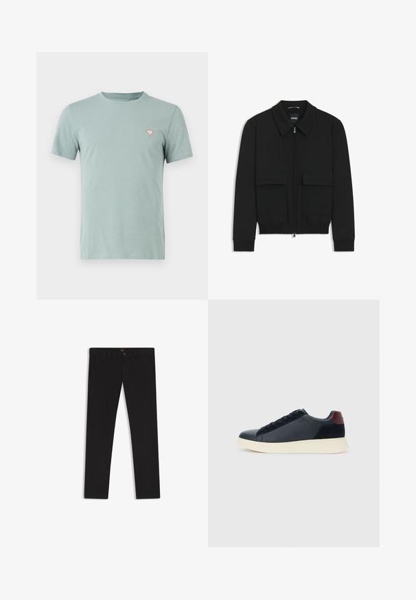 Musta pommikohva takki, jossa on kauluskulli, vetoketju etupuolella ja kaksi suurta läpällistä taskua. Varustettu ribbireunuksilla hihoissa ja helmassa, valmistettu teksturoituneesta kankaasta.; Vihreä puuvillainen T-paita, jossa on pyöreä kaula-aukko ja lyhyet hihat. Vasemmassa rinnassa pieni punainen kolmion logo.; Mustat housut, jotka on valmistettu sileätekstiilisestä kankaasta. Varustettu nappikiinnityksellä, vyölenkeillä ja sivutaskuilla. Standardi suora lahjemalli.; Miestne bežecké tenisky s nízkym strihom v čiernej koži a semišovej úprave s bordovým jazykom a bielou gumovou podrážkou, pohľad z vonkajšej strany.