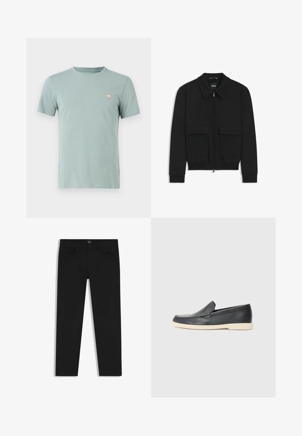 Sort bomberjakke med krave, lynlås foran og to store klaplommer. Har ribbede manchetter og bund, lavet af struktureret stof.; Lys grøn bomulds T-shirt med rund hals og korte ærmer. Har et lille rødt trekantet logo på venstre bryst.; Sorte denimbukser med lige pasform, der har en standard talje, fem lommer og en knaplukning. Glat struktur over det hele.; Sorte læder slip-on loafers med en struktureret overflade og en kontrasterende beige gummisål. Har en subtil detalje langs forsiden.