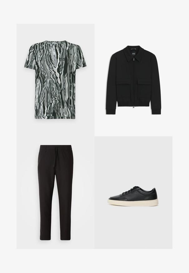 Veste bomber noire avec col, fermeture éclair à l'avant et deux grandes poches à rabat. Dotée de poignets et d'un bas côtelés, fabriquée en tissu texturé.; T-shirt à manches courtes avec un motif de vagues abstraites noir et blanc, présentant un col rond et une texture de tissu en coton lisse.; Pantalons de jogging noirs en tissu lisse. Dotés d'une taille élastique avec cordon de serrage, jambes fuselées, et sans poches visibles. Design simple.; Baskets en cuir noires à tiges basses avec lacets noirs et semelle ivoire, présentées en profil latéral sur fond blanc.