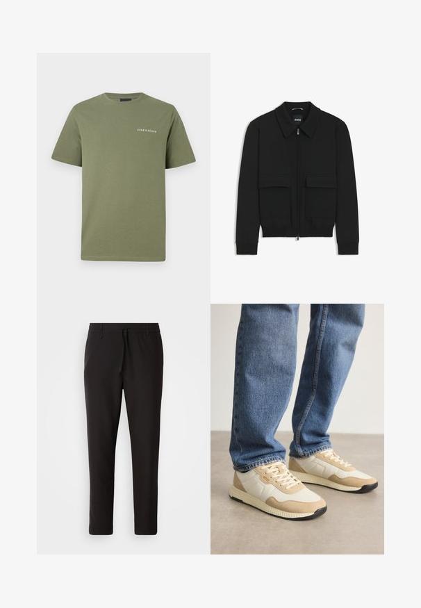 Black bomber jacket with a collared neck, zip front, and two large flap pockets. Features ribbed cuffs and hem, made of textured fabric.; Olive green cotton T-shirt with short sleeves and a round neckline. Features a white logo print on the left chest area. Smooth texture.; Black jogger pants made of smooth fabric. Feature an elastic waistband with a drawstring, tapered legs, and no visible pockets. Simple design.; Beige and cream sneakers with suede and mesh materials, featuring a textured sole and tonal accents, paired with blue denim jeans.