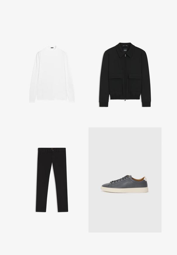 Czarna kurtka bomberka z kołnierzykiem, zapinana na zamek, z dwiema dużymi kieszeniami z klapami. Posiada ściągacze na mankietach i dole, wykonana z teksturowanej tkaniny.; Biała koszula z długim rękawem i okrągłym dekoltem, wykonana z gładkiej bawełnianej tkaniny. Posiada ściągacze przy mankietach i prosty dół, bez widocznych wzorów.; Czarne spodnie uszyte z materiału o gładkiej teksturze. Posiadają zapięcie na guzik, szlufki na pasek oraz boczne kieszenie. Standardowy krój prostych nogawek.; Szare skórzane trampki z okrągłym noskiem, gumową podeszwą, płaskimi sznurówkami i jasnymi akcentami na pięcie. Gładka tekstura i minimalistyczny design.