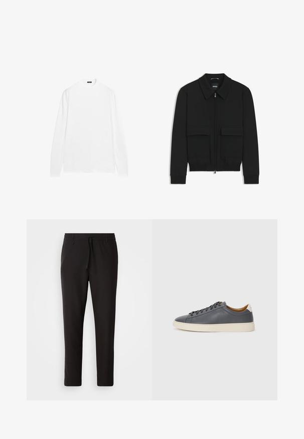 Schwarze Bikerjacke mit Kragen, Reißverschluss vorne und zwei großen Taschen mit Klappen. Mit Rippstrickbündchen und Saum, aus strukturiertem Stoff gefertigt.; Langärmeliges weißes Shirt mit Rundhalsausschnitt, aus glattem Baumwollstoff. Verfügt über gerippte Bündchen und einen geraden Saum, ohne sichtbare Muster.; Schwarze Jogginghose aus glattem Stoff. Mit einem elastischen Bund und Kordelzug, schmal zulaufenden Beinen und ohne sichtbare Taschen. Einfaches Design.; Graue Lederturnschuhe mit runder Zehenpartie, Gummisohle, flachen Schnürsenkeln und hellen Akzenten an der Ferse. Glatte Textur und minimalistisches Design.