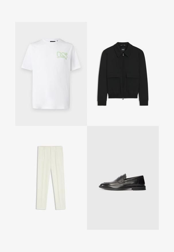 Zwarte bomberjack met een kraag, rits aan de voorkant en twee grote klepzakken. Heeft geribde manchetten en onderrand, gemaakt van textuurstof.; Wit katoenen t-shirt met een klein groen "LS" logo op het linkerborstgebied. Klassieke ronde hals en korte mouwen.; Witte op maat gemaakte broek met een gladde textuur, voorzien van voorplooien, twee zijzakken en een recht pijpontwerp.; Zwarte leren herenslipper met een lage hak en een horizontale banddetail bovenop, weergegeven vanaf de zijkant op een witte achtergrond.