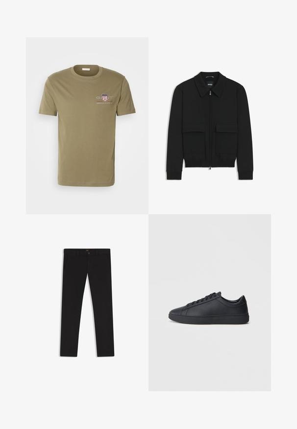 Schwarze Bikerjacke mit Kragen, Reißverschluss vorne und zwei großen Taschen mit Klappen. Mit Rippstrickbündchen und Saum, aus strukturiertem Stoff gefertigt.; Olivgrünes Baumwoll-T-Shirt mit kurzen Ärmeln und Rundhals, das das "GANT"-Logo mit einem Wappen-Design und Text auf der linken Brustseite zeigt.; Schwarze Hosen aus einem Stoff mit glatter текстуре. Verfügt über einen Knopfverschluss, Gürtelschlaufen und Seitentaschen. Klassisches Design mit geradem Bein.; Schwarze Sneaker aus glattem Leder mit einem tiefen Design, runder Zehenform und flacher Gummi-Sohle. Mit Schnürsenkeln und dezentem Branding.
