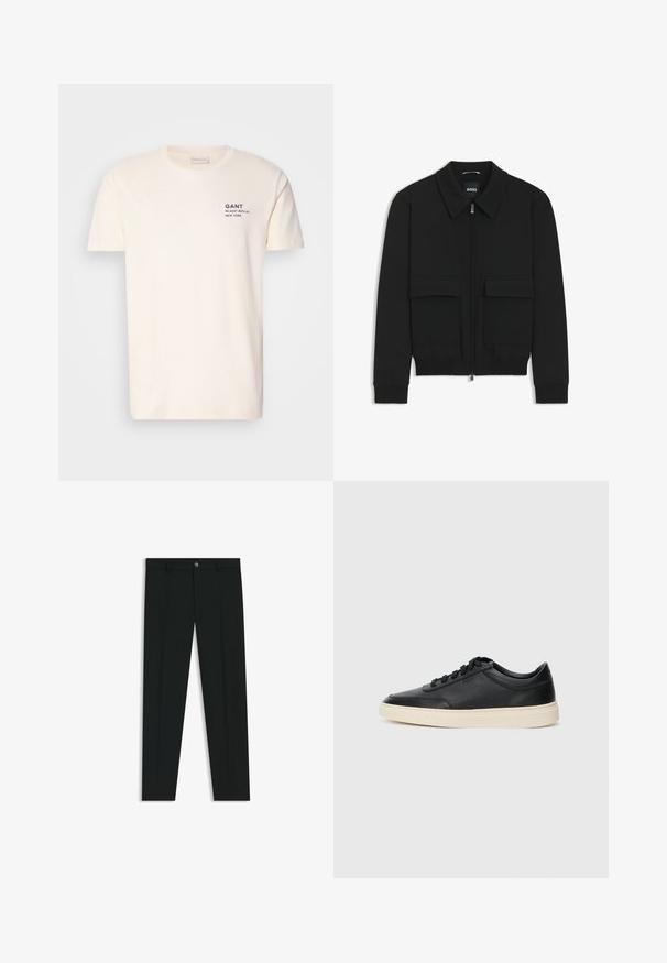 Black bomber jacket with a collared neck, zip front, and two large flap pockets. Features ribbed cuffs and hem, made of textured fabric.; Cream-colored cotton t-shirt with a round neck, short sleeves, and a small navy print on the chest reading "GANT 32 EAST 39TH ST. NEW YORK."; Black dress pants with a straight-leg design, made of smooth fabric. Features a front button closure and belt loops. Plain without patterns.; Black low-top leather sneaker with black laces and off-white sole shown in side profile on white background.
