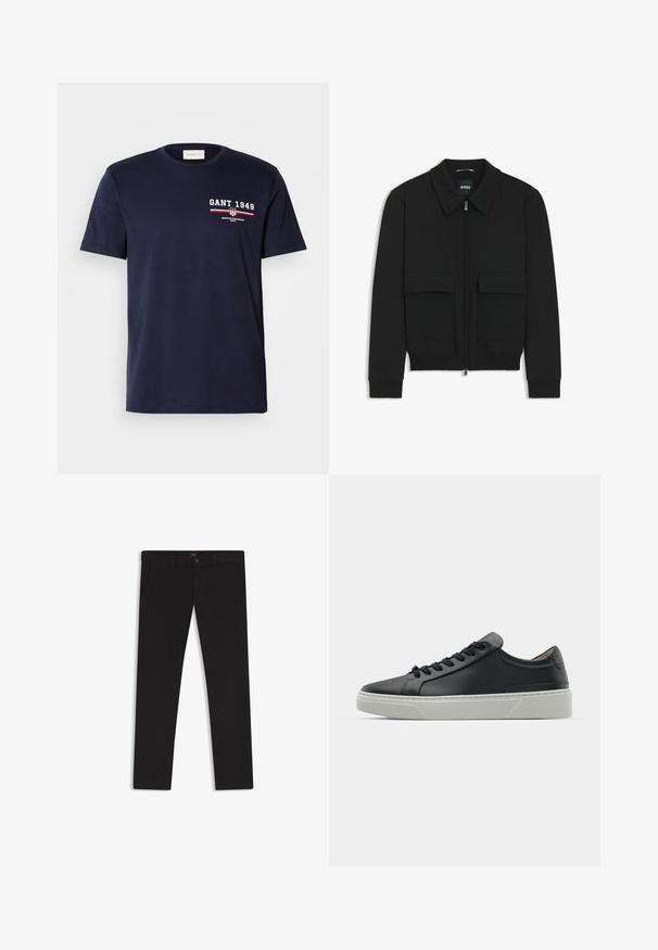 Black bomber jacket with a collared neck, zip front, and two large flap pockets. Features ribbed cuffs and hem, made of textured fabric.; Navy blue cotton t-shirt featuring a white "GANT 1949" logo and red accents, crew neck, short sleeves, smooth texture, basic fit.; Black trousers made of fabric with a smooth texture. Features a button closure, belt loops, and side pockets. Standard straight-leg design.; Black leather sneaker with a smooth texture, round toe, and black laces. Features a thick, white rubber sole with subtle geometric accents.