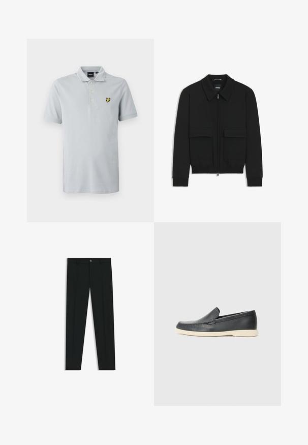 Svart bomberjacka med krage, dragkedja framtill och två stora klafffickor. Har ribbade mudd och nederkant, tillverkad av strukturerad tyg.; Ljusgrå polotröja med krage, tre knappknäppning, korta ärmar och en svart och gul broderad logotyp på bröstet.; Svarta dressbyxor med rak bendesign, gjorda av ett mjukt tyg. Har stängning med frontknapp och bälteshällor. Enfärgade utan mönster.; Svarta läder slip-on loafers med en texturerad yta och en kontrasterande beige gummisula. Har en subtil accent längs fram.