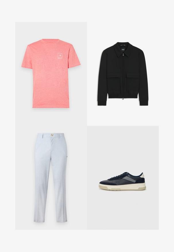 Chaqueta bomber negra con cuello tipo camisa, cierre frontal de cremallera y dos grandes bolsillos con solapa. Presenta puños ribeteados y dobladillo, confeccionada en tela texturizada.; Camiseta de algodón rosa con mangas cortas, que presenta un pequeño diseño de logo blanco en el área del pecho izquierdo. Textura suave y cuello redondo clásico.; Pantalones de vestir azul claro hechos de tejido trenzado, con un corte clásico, pierna recta, bolsillos frontales y cierre de botón. Detalle de patrón sutil.; BOSS BALTIMORE - Zapatillas - open blue
