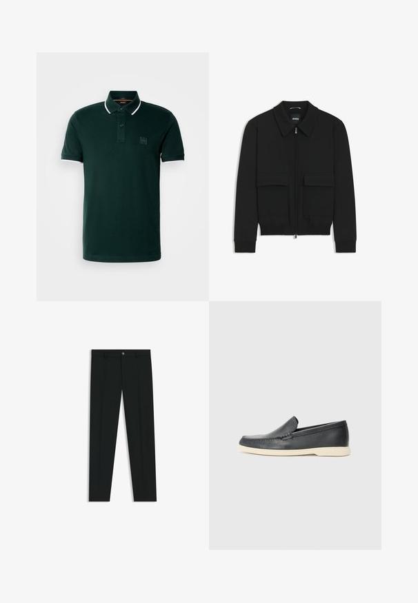 Black bomber jacket with a collared neck, zip front, and two large flap pockets. Features ribbed cuffs and hem, made of textured fabric.; Dark green polo shirt made of cotton. Features a two-button placket, white accents on the collar and sleeves, and a logo patch on the chest.; Black dress pants with a straight-leg design, made of smooth fabric. Features a front button closure and belt loops. Plain without patterns.; Black leather slip-on loafers with a textured finish and a contrasting beige rubber sole. Features a subtle accent along the front.